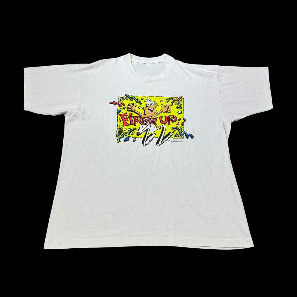 Vintage 90s Fired Up Art Cartoon White Single Stitch Shirt Men's XL FLAWS